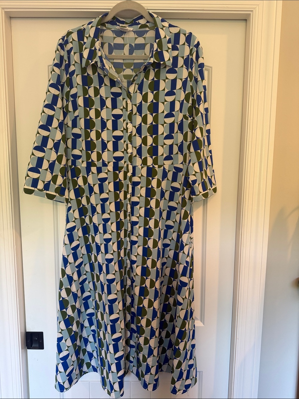 Button-Front Midi Shirt Dress in Blue & Green Geometric Print